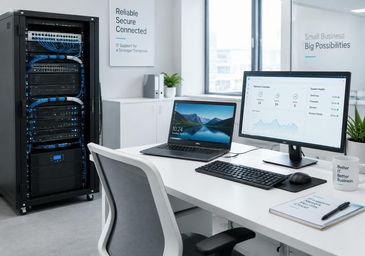 Postazione aziendale con rack di rete configurato da PC Expert
